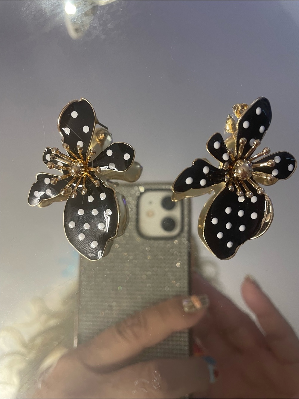 Source Unknown Black and White Polka Dot Flower Earrings